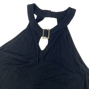 Black Ribbed Halter Neck Tank Top Cutout Gold Buckle‎ Keyhole Size 1X